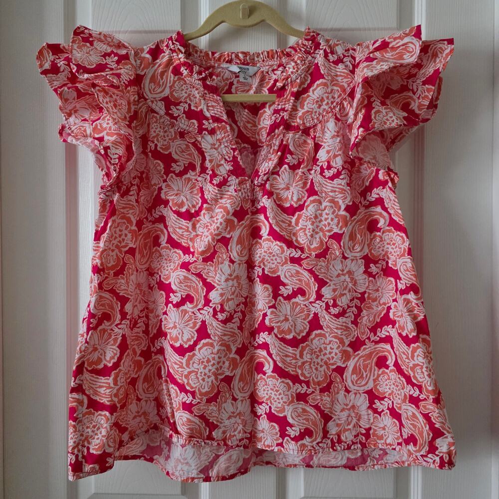 Crown & Ivy Ruffled Flutter Sleeves Coral Paisley Floral Print Blouse Size Large